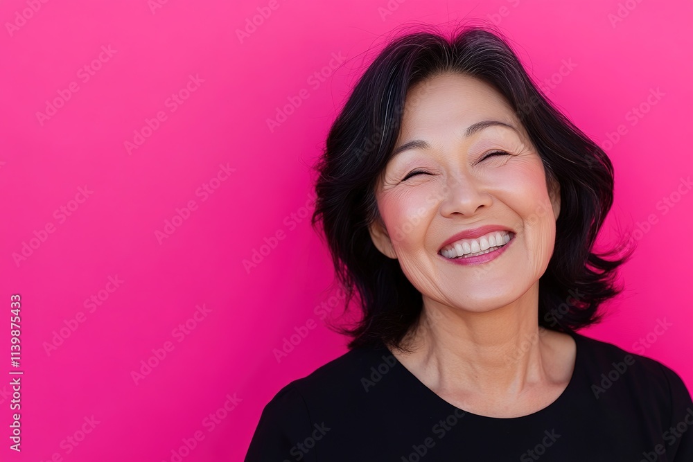 Smiling Asian woman against vibrant pink background Smiling Asian woman against vibrant pink background