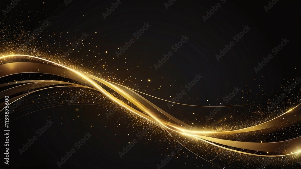 Fototapeta premium Abstract elegant gold glowing line with lighting effect sparkle on black background. Template premium award design. Vector illustration