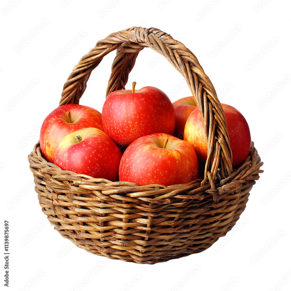 A wicker basket full of fresh fruits apples and lemons on a transparent background. A wicker basket full of fresh fruits apples and lemons on a transparent background.