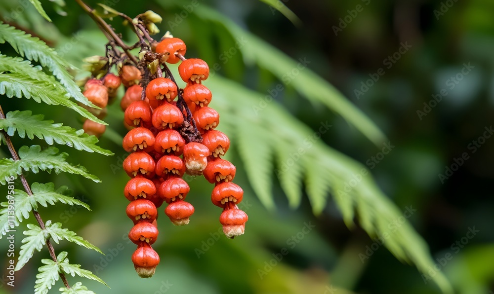 Red Flower Bells Of The Firecracker Fern, Generative AI Red Flower Bells Of The Firecracker Fern, Generative AI