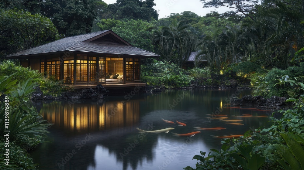 A serene Japanese tea house overlooking a tranquil koi pond surrounded by lush greenery. The peaceful retreat reflects tradition, mindfulness, and cultural elegance. A serene Japanese tea house overlooking a tranquil koi pond surrounded by lush greenery. The peaceful retreat reflects tradition, mindfulness, and cultural elegance.