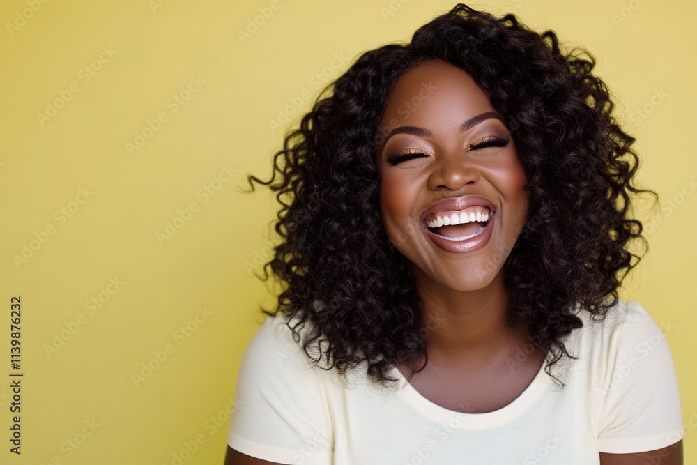 Joyful black woman with curly hair laughing against yellow background Joyful black woman with curly hair laughing against yellow background
