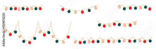 Christmas lights set. Garlands sectioned circle colored bulbs. Glowing Xmas festive string decoration with hanging retro lamps lightbulb for holiday cards, banners, posters, web. Vector illustration