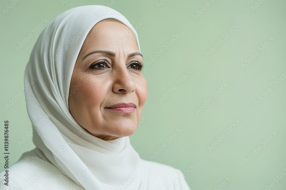 Mature woman in hijab with calm expression, pastel background Mature woman in hijab with calm expression, pastel background
