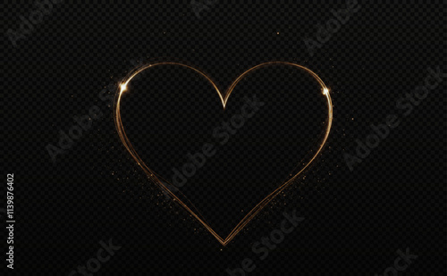 Heart gold with flashes isolated on transparent background. Light heart for holiday cards, banners, invitations. Heart-shaped neon wire glow.	