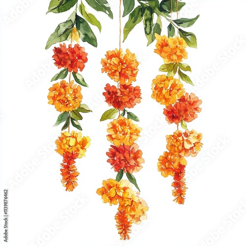 Watercolor art of a traditional flower garland made with jasmine and marigolds for a festive event.