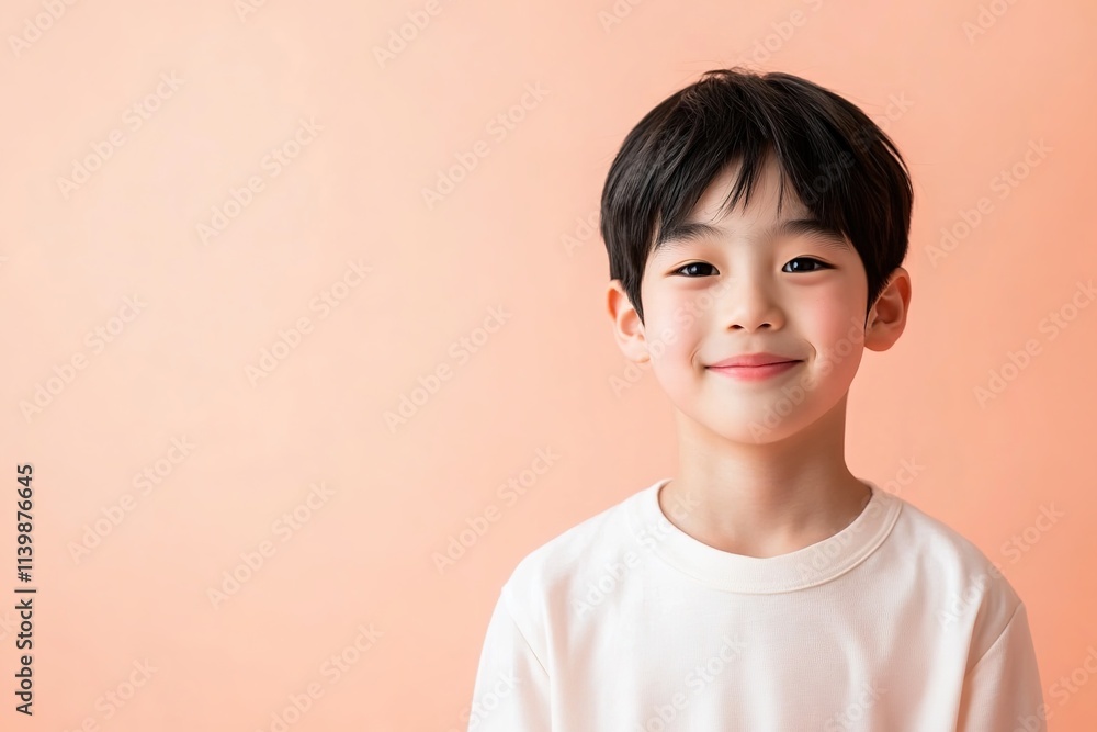 Smiling Asian boy in white on peach background Smiling Asian boy in white on peach background