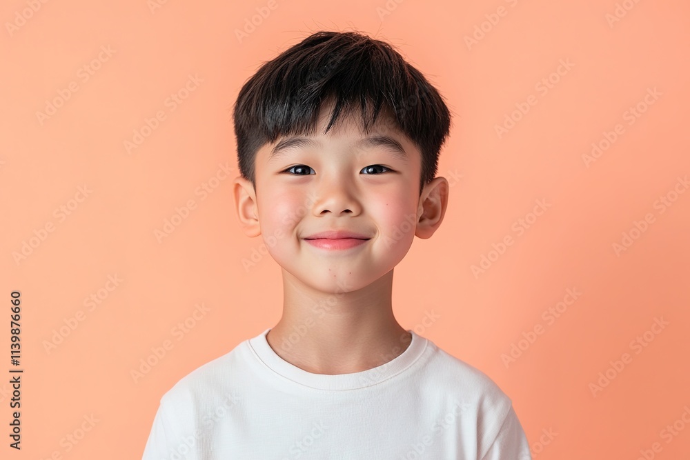 Smiling Asian boy in white on peach background, portrait Smiling Asian boy in white on peach background, portrait