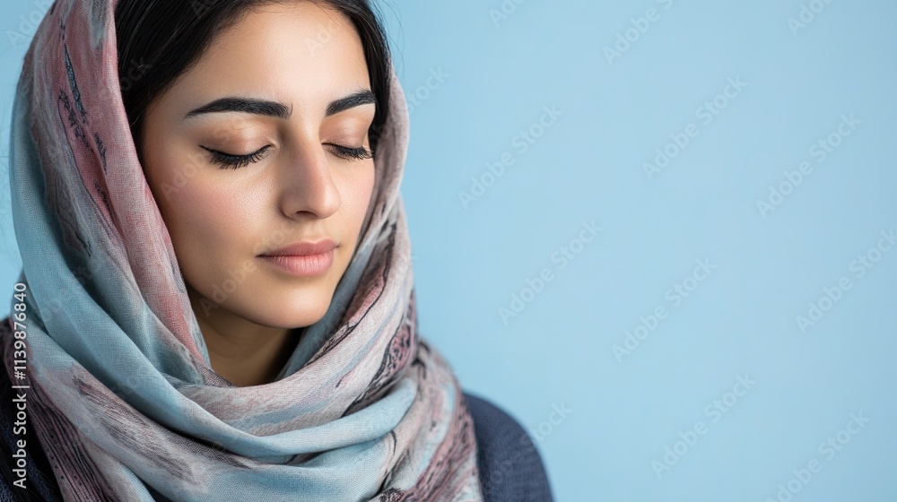 Serene woman with scarf, closed eyes against blue backdrop Serene woman with scarf, closed eyes against blue backdrop
