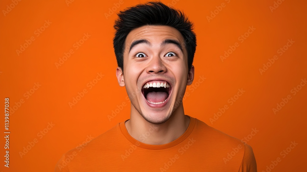 Joyful young man laughing on orange background Joyful young man laughing on orange background