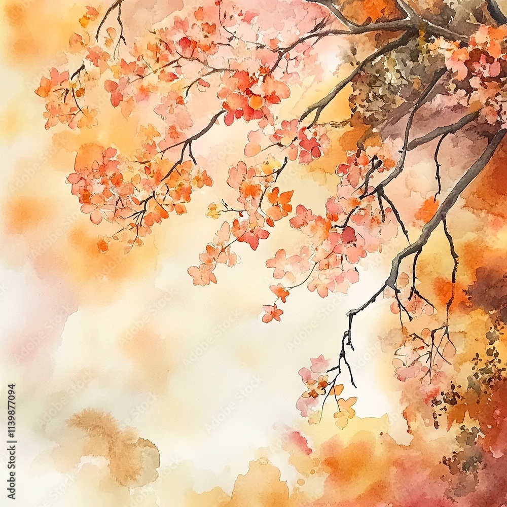 custom made wallpaper toronto digitalWatercolor art of a tree branch covered in soft orange and pink blossoms under a warm sky.