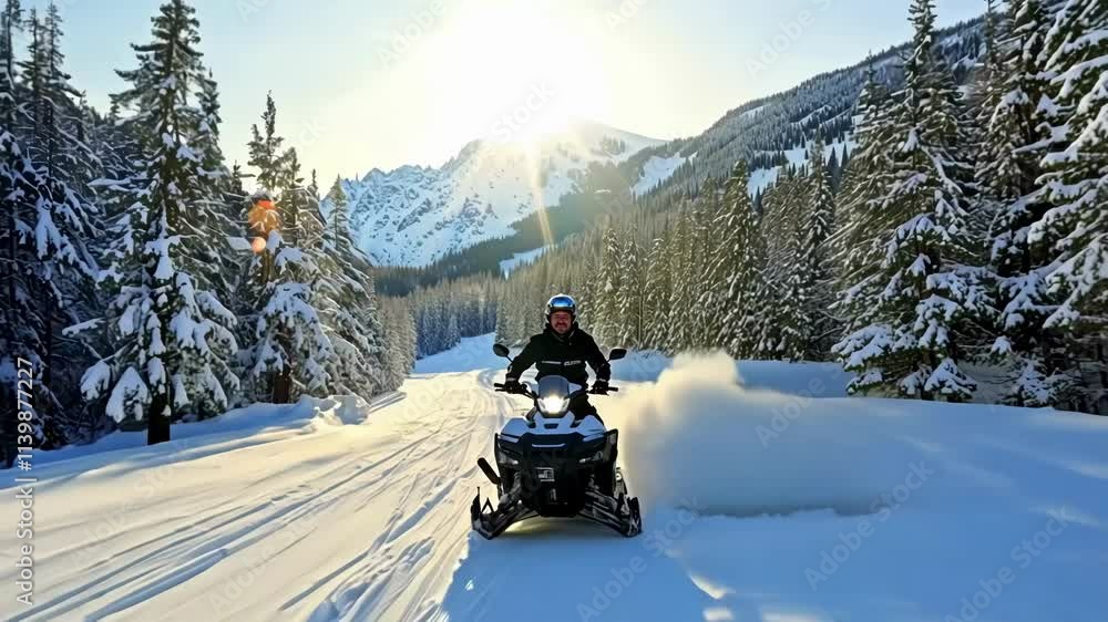 Snowmobiler riding through a snowy forest with mountains in the background. The scene captures adventure and speed in a winter landscape. Snowmobiler riding through a snowy forest with mountains in the background. The scene captures adventure and speed in a winter landscape.