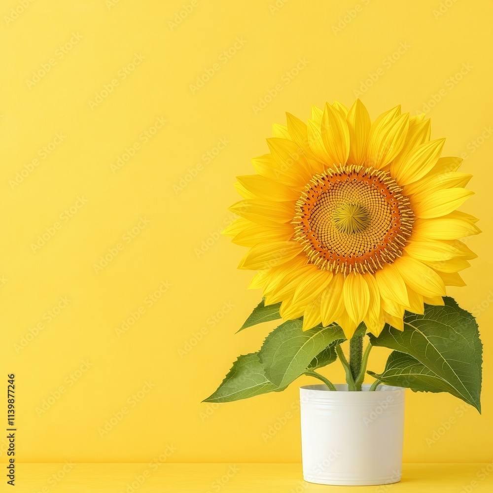 Obraz premium Vibrant Sunflower in Pot Yellow Background Summer Bloom Nature Photography