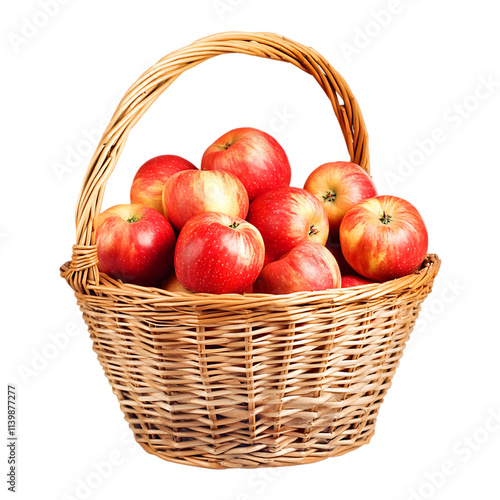 A wicker basket full of fresh fruits apples and lemons on a transparent background.