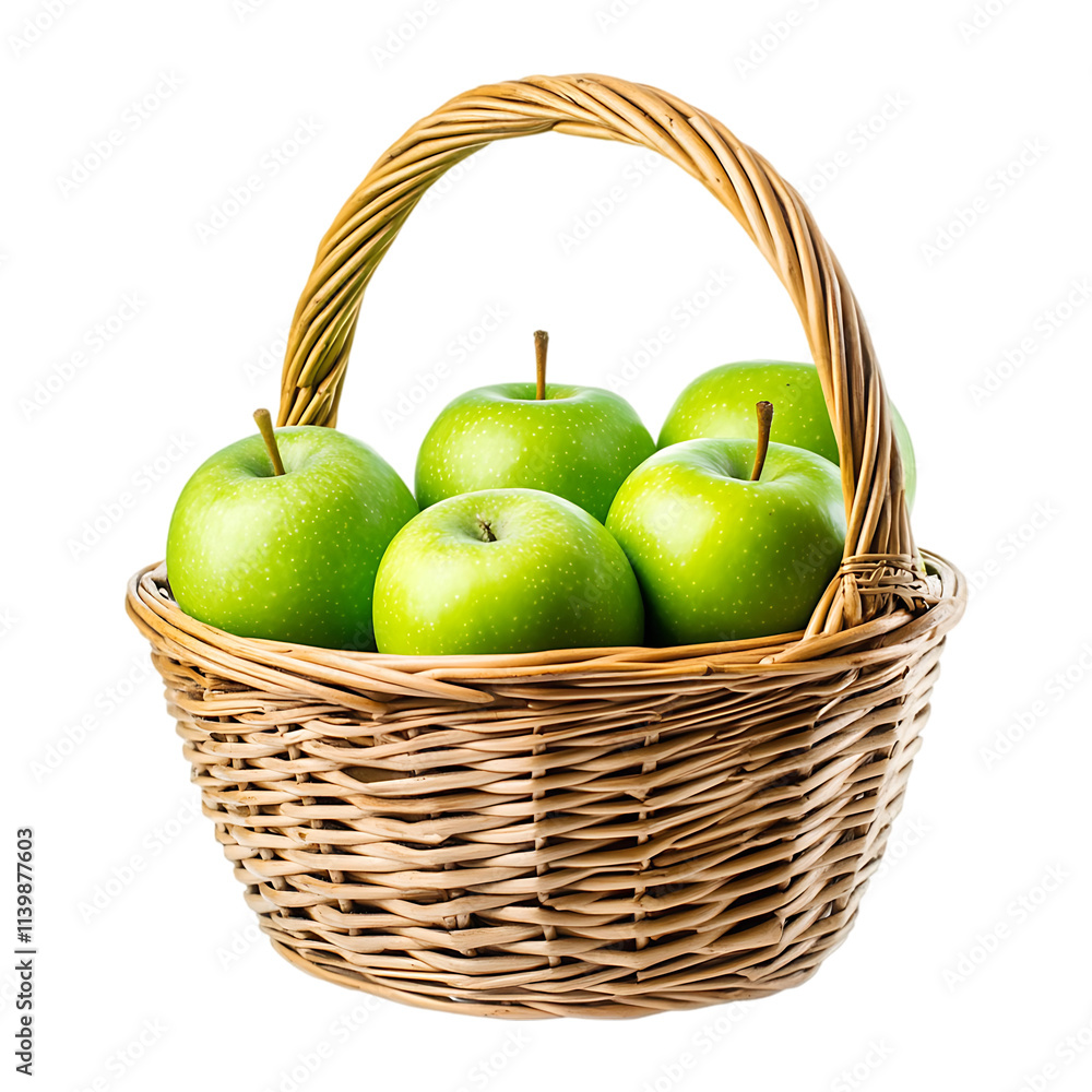 A wicker basket full of fresh fruits apples and lemons on a transparent background. A wicker basket full of fresh fruits apples and lemons on a transparent background.