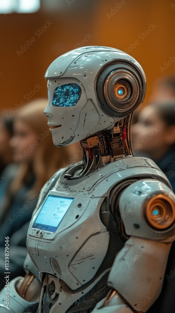 Humanoid robot professor teaching in modern college classroom Humanoid robot professor teaching in modern college classroom