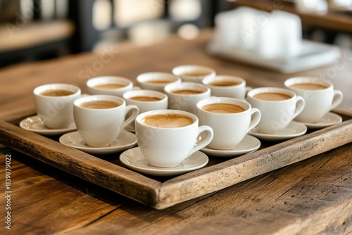 Wooden tray holds many small coffee cups. photo