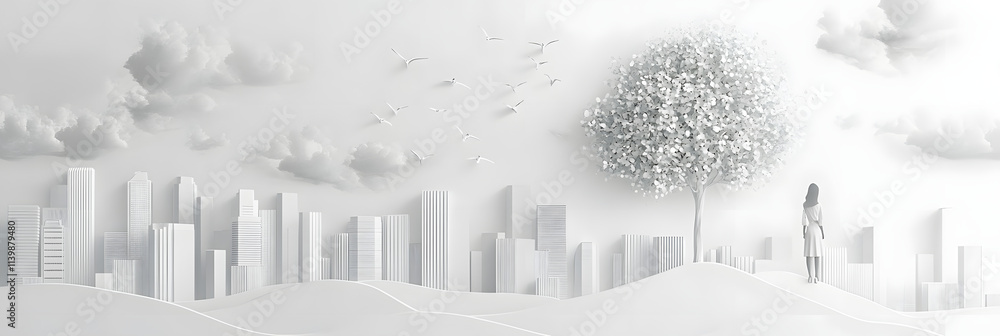 Fototapeta premium The person who knows. Tree, Achieve sustainable growth, World Environment Day. White eco urban city and nature landscape background paper art style.