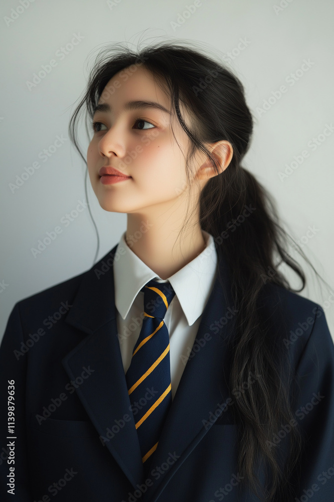 Portrait of a young girl with long dark hair in a school uniform Portrait of a young girl with long dark hair in a school uniform