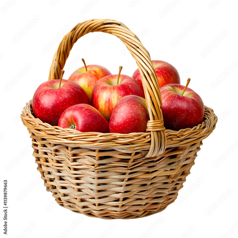 A wicker basket full of fresh fruits apples and lemons on a transparent background. A wicker basket full of fresh fruits apples and lemons on a transparent background.