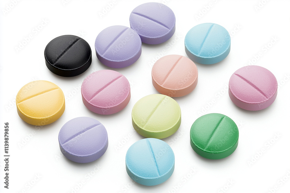 Multicolored pills arranged on a white background Multicolored pills arranged on a white background