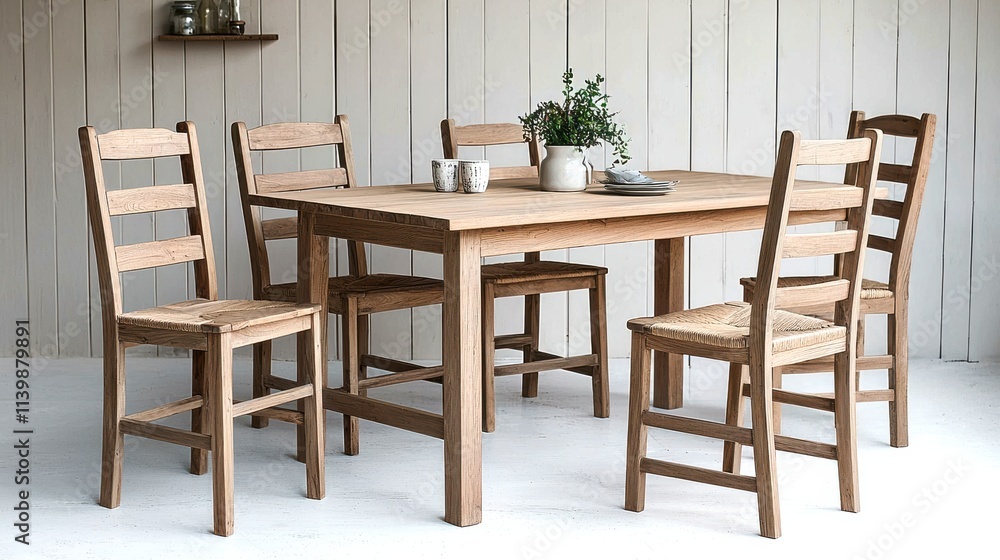 A wooden dining table surrounded by five matching chairs, set against a light-colored wooden wall, creating a warm and inviting atmosphere. A wooden dining table surrounded by five matching chairs, set against a light-colored wooden wall, creating a warm and inviting atmosphere.