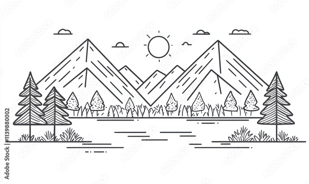 A minimalist illustration of a mountainous landscape featuring trees, a lake, and a sun, highlighting nature's beauty in a simple black and white design. A minimalist illustration of a mountainous landscape featuring trees, a lake, and a sun, highlighting nature's beauty in a simple black and white design.
