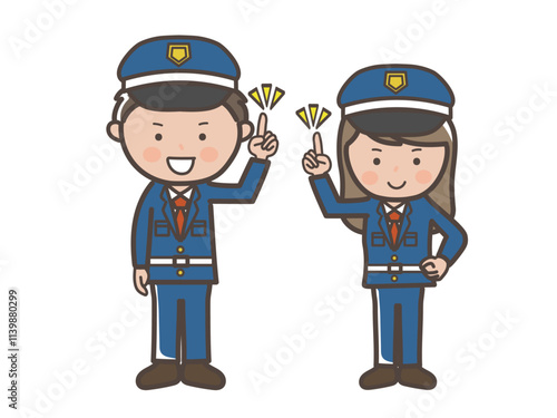 ポイントを説明をする男女警備員の全身イラスト
