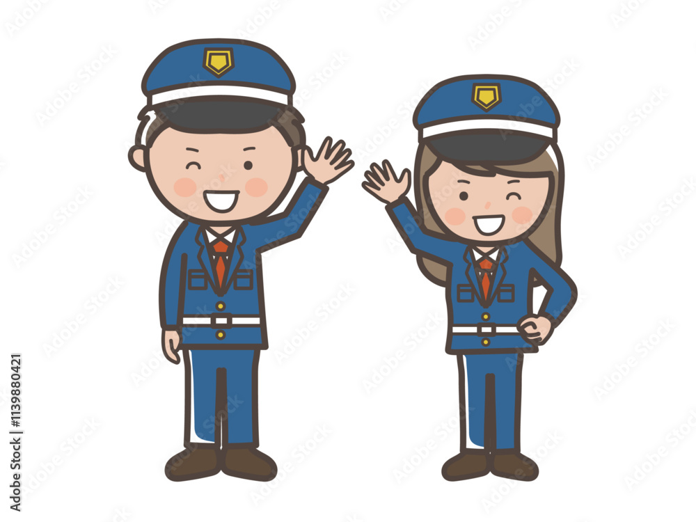 元気に挨拶をする男女警備員の全身イラスト 元気に挨拶をする男女警備員の全身イラスト