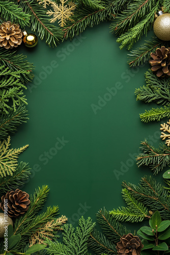 A green background with pine branches and decorations