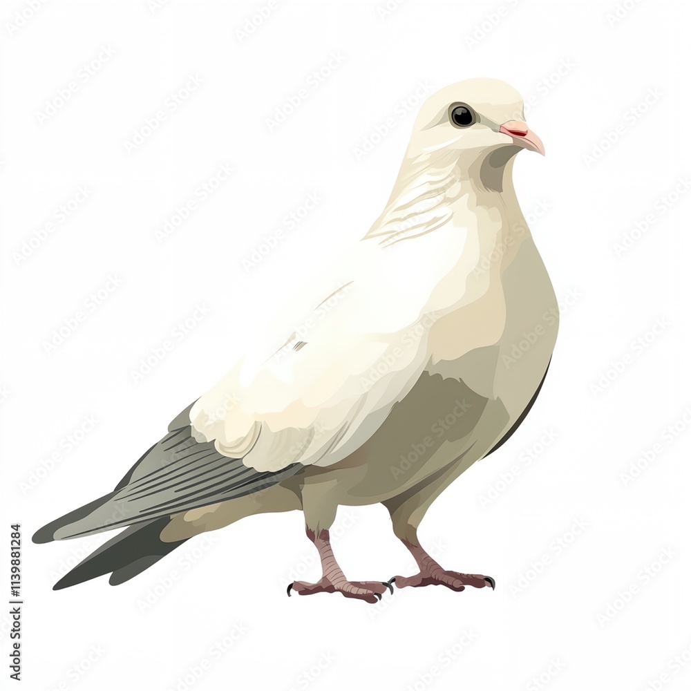 Fototapeta premium A white pigeon is standing on a white background. The bird is looking at the camera