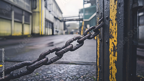 A closed factory gate with a heavy chain wrapped around it, symbolizing abandonment, industrial decline, and economic shutdown, evoking a sense of isolation and the end of an era in the industrial sec photo