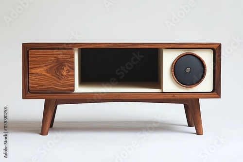 Mid-century modern TV stand in walnut, white, and black, showcasing minimalist design and contemporary style.