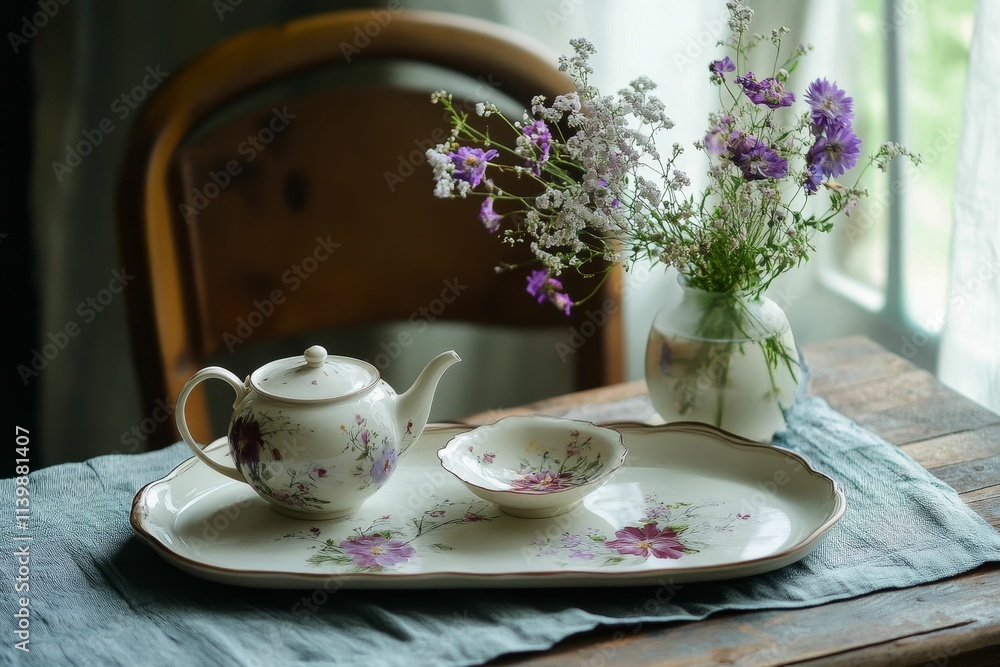 Fototapeta premium Floral teapot, dish, tray, flowers, rustic setting.