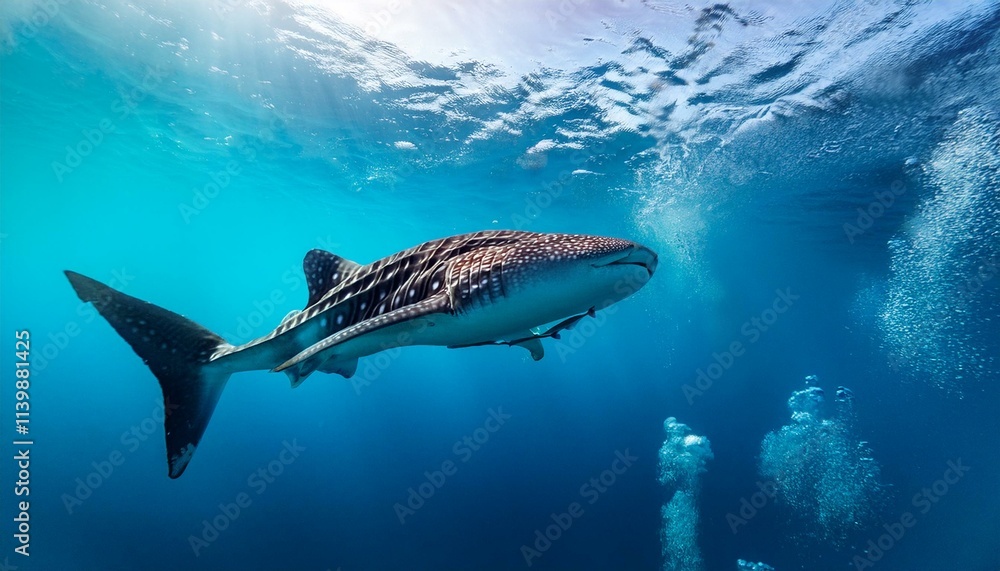 Fototapeta premium Whale shark swimming in turquoise tropical water. deep