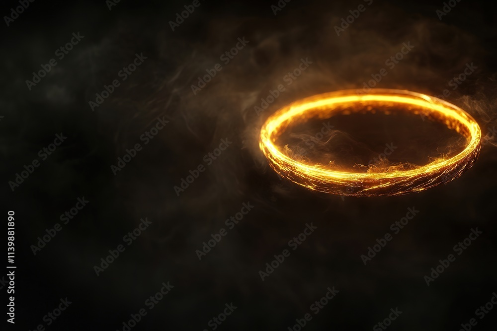 Glowing ring of fire in dark, smoke-filled backdrop Glowing ring of fire in dark, smoke-filled backdrop