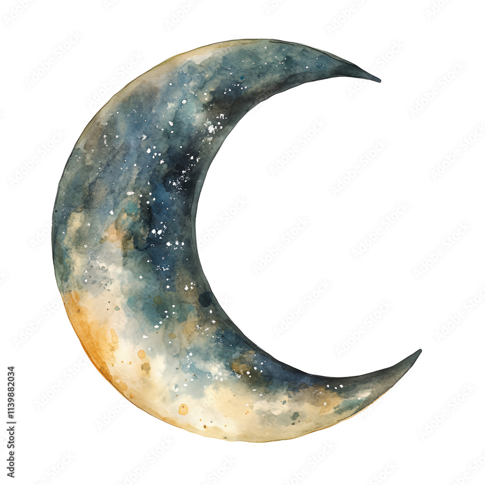 A watercolor painting of a crescent moon A watercolor painting of a crescent moon