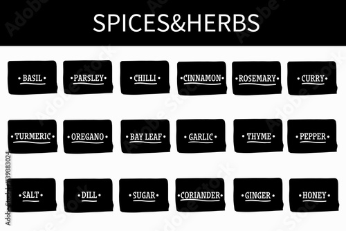 Spices and herbs jar labels and stickers. Kitchen storage organization. Vector illustration