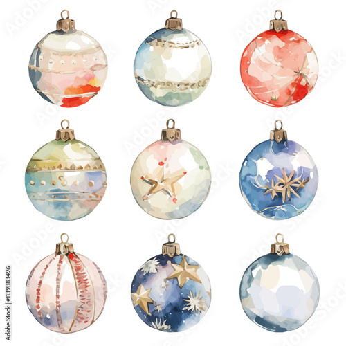 watercolor Christmas baubles painting collection isolated on a white background, vector flat watercolor design painting