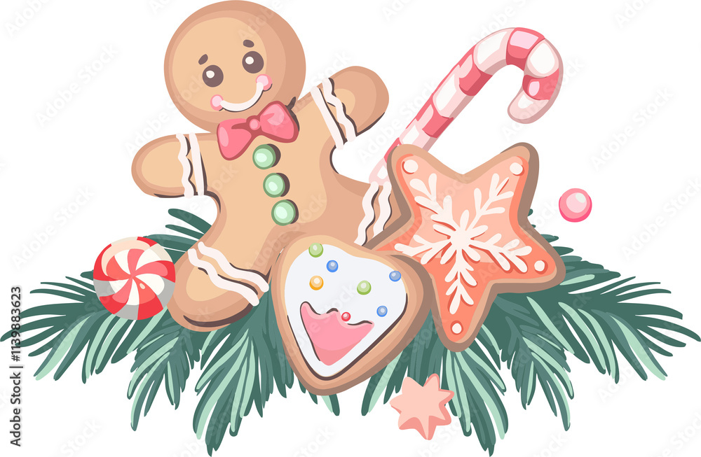 Merry Christmas! Happy New Year - composition of cute cartoon elements (gingerbread, candy, fir branches) on transparent background. Flat digital illustration for posters, advertising Merry Christmas! Happy New Year - composition of cute cartoon elements (gingerbread, candy, fir branches) on transparent background. Flat digital illustration for posters, advertising