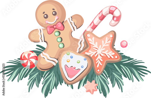Merry Christmas! Happy New Year - composition of cute cartoon elements (gingerbread, candy, fir branches) on transparent background. Flat digital illustration for posters, advertising
