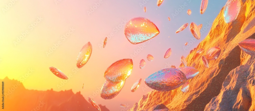 Sunset Mirage: Iridescent Gems Falling Over a Desert Landscape Sunset Mirage: Iridescent Gems Falling Over a Desert Landscape