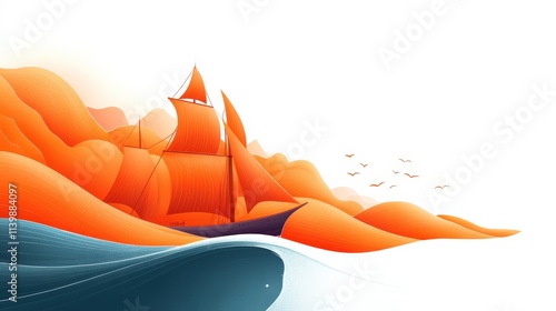 Vibrant Orange Sailing Ship Against Serene Waves and Soft Hills in a Minimalist Style for Creative Content and Design Uses photo