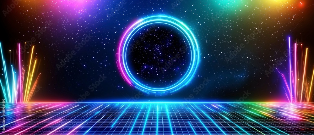 Obraz premium Retro Futuristic Synthwave Background Neon Portal 80s Style