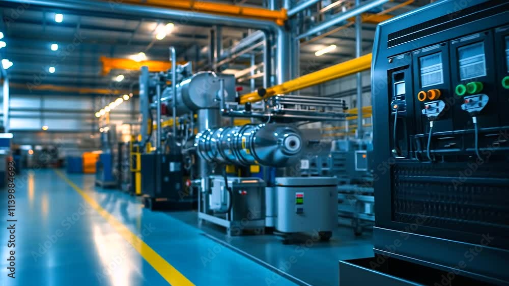 A large industrial air compressor surrounded by labeled safety equipment and maintenance tools, all arranged neatly in a modern factory environment. A large industrial air compressor surrounded by labeled safety equipment and maintenance tools, all arranged neatly in a modern factory environment.