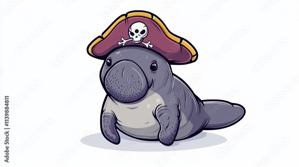 Naklejka premium A cartoon manatee wearing a pirate hat with a skull and crossbones.