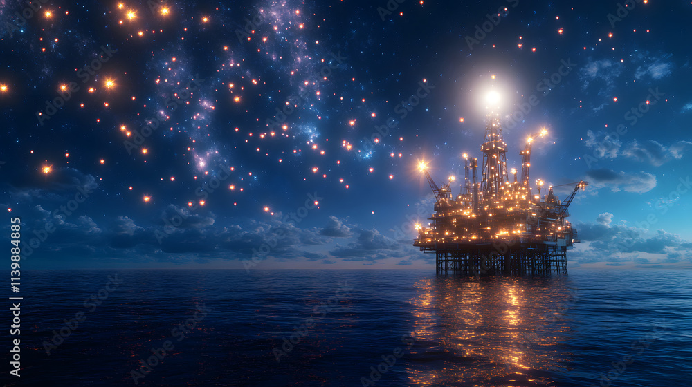 Obraz premium A photorealistic image of an oil and gas rig in the middle of the ocean, showcasing advanced technology and the extraction process, representing energy production, industrial operations, and the oil a
