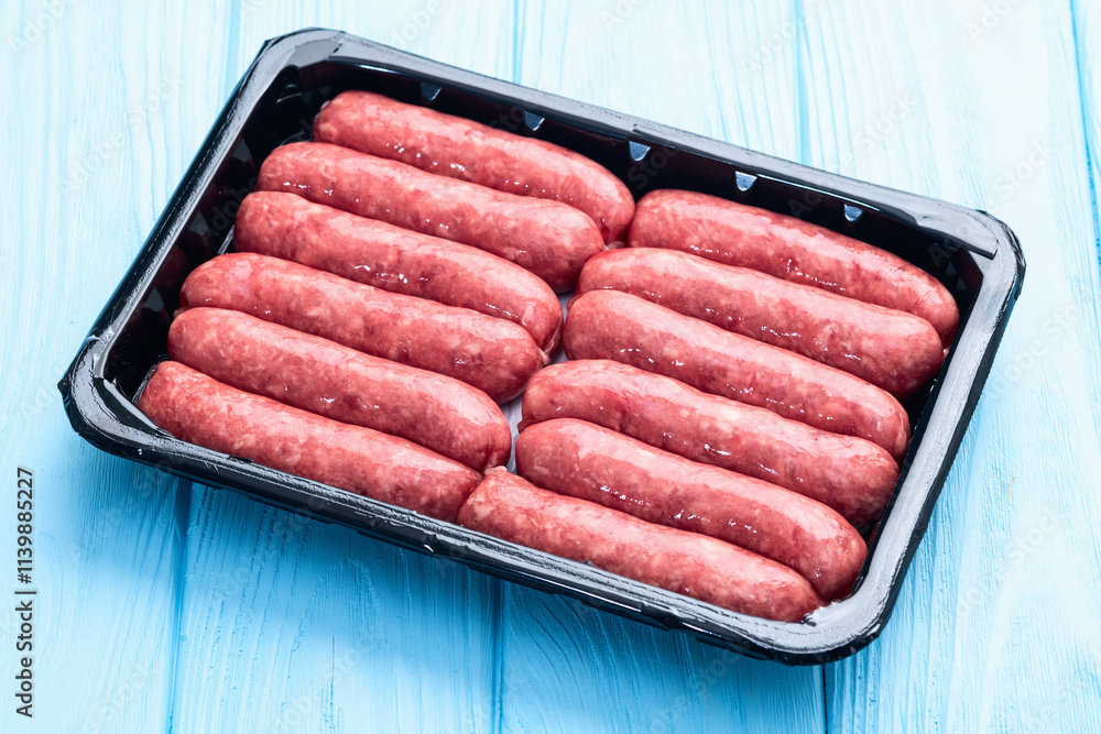 Raw beef sausages with rosemary and tomatoes photography . Top view Raw beef sausages with rosemary and tomatoes photography . Top view