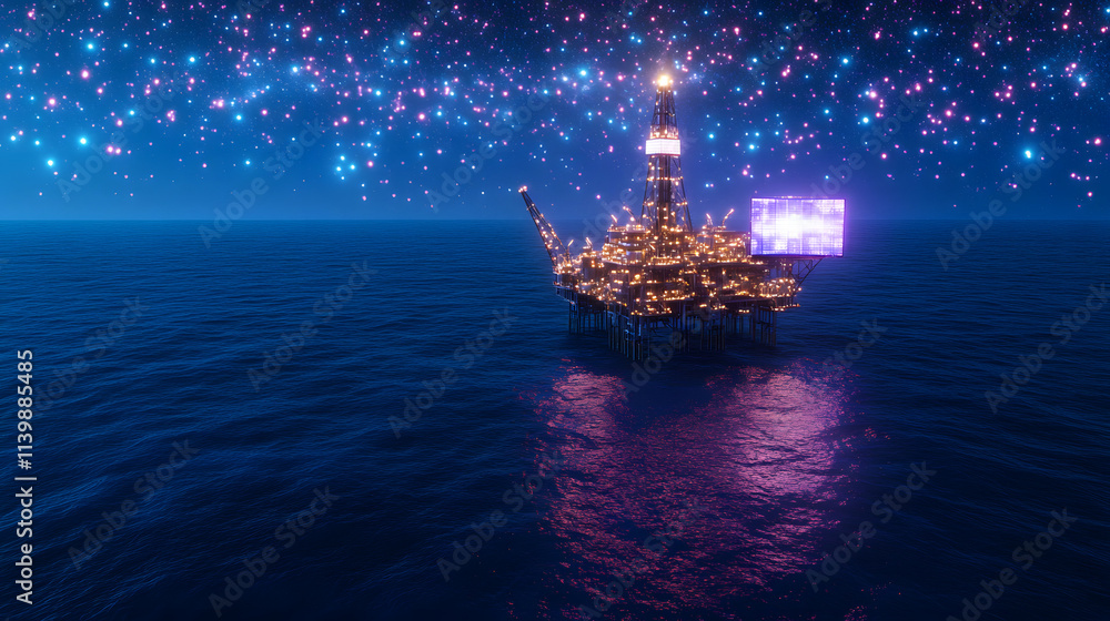 Fototapeta premium A photorealistic image of an oil and gas rig in the middle of the ocean, showcasing advanced technology and the extraction process, representing energy production, industrial operations, and the oil a