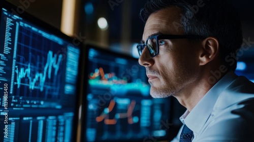 Focused Business Analyst Reviewing Data Trends on Computer Screens